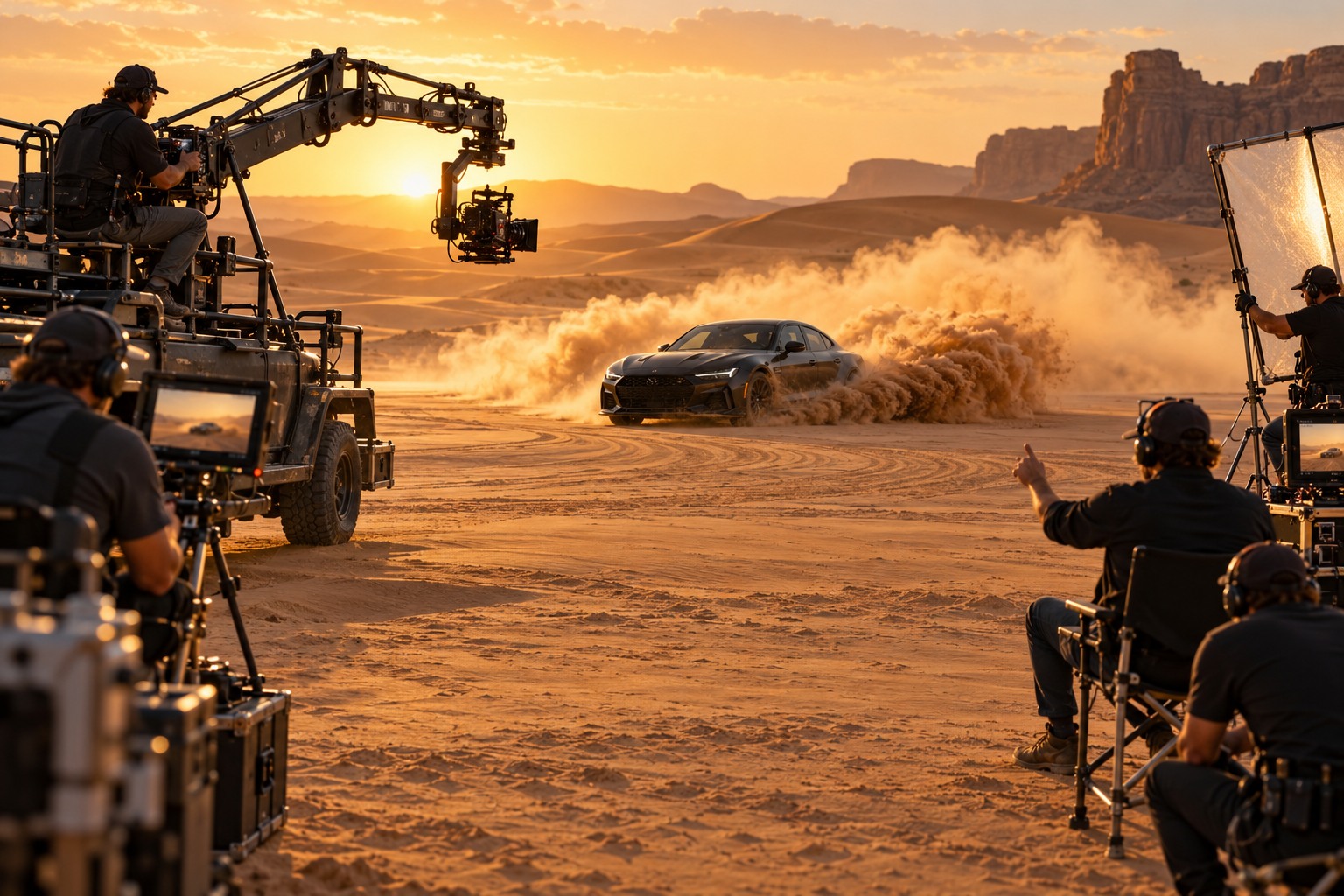 A large film crew shooting a car stunt in the desert with a cinema crane and production monitors